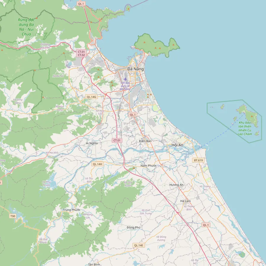 Karte von Zentralvietnam mit der Altstadt von Hoi An, dem internationalen Flughafen Da Nang und dem My Son Sanctuary im Landesinneren südwestlich